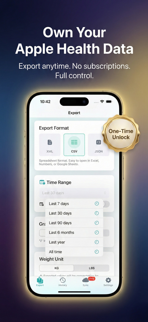 Oberfläche der Health Data Export App, die die CSV-Exportformat- und Zeitauswahl anzeigt.