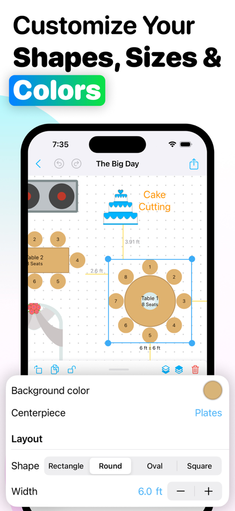 Interface de aplicativo móvel para personalizar formas, tamanhos e cores de mesas em uma planta de casamento.