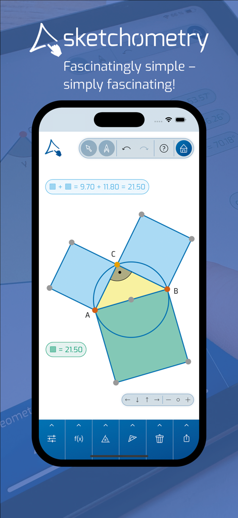 Interfaccia dell'app mobile sketchometry che mostra una costruzione geometrica dinamica del teorema di Pitagora