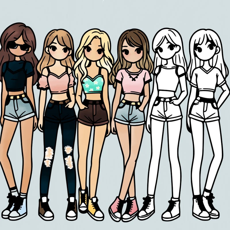 a group of girls wearing crop tops and shorts