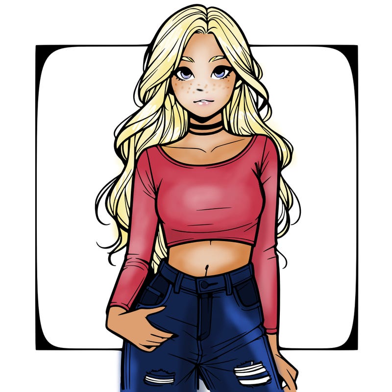 a realistic girl in a crop top and ripped jeans with long hair