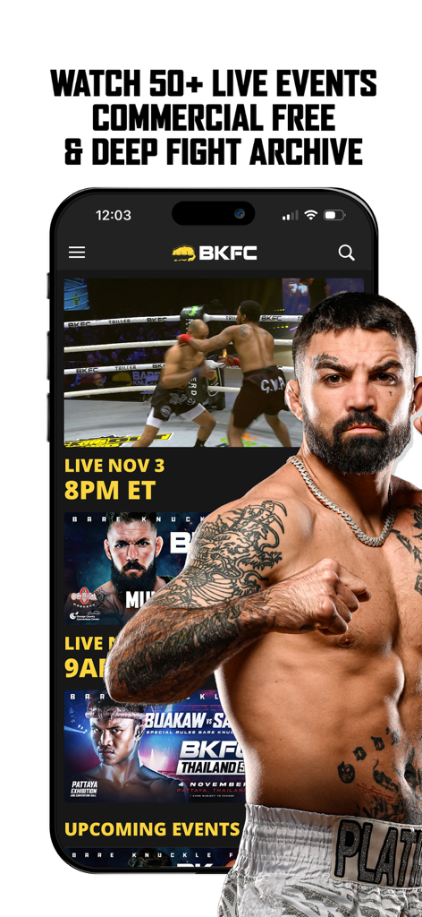 Bare Knuckle TV app interface showing live fight events and fighter portraits