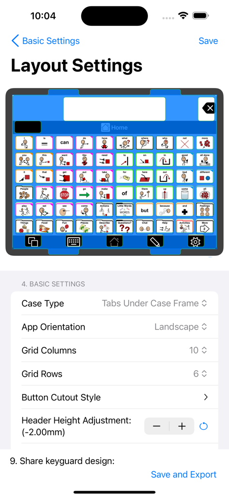 Keyguard Designer - Interfaz de la aplicación Keyguard Designer que muestra la configuración del diseño para personalizar una cuadrícula de CAA, incluidas las opciones de columnas y filas.