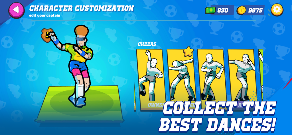 Golazo! - Character customization screen in Golazo showing celebration dance options for the captain.