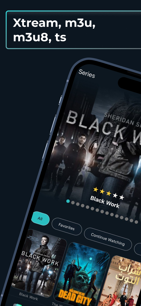 IPTVPlayer.io | m3u & Xtream - Smartphone screen displaying the IPTVPlayer.io app interface for streaming series with m3u and Xtream support