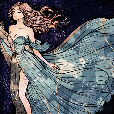 realistic woman in dress flowing the the wind