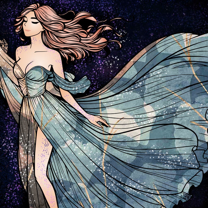 realistic woman in dress flowing the the wind