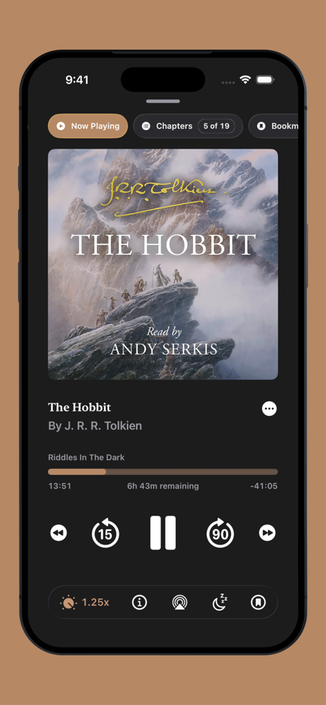 The Now Playing screen of the Prologue Audiobook Player showing The Hobbit cover art and playback controls