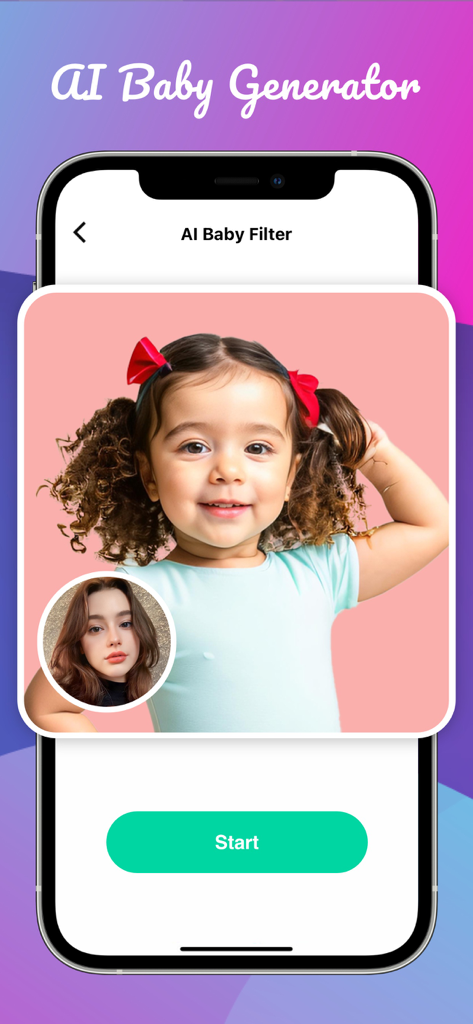 A smartphone displaying the AI Baby Generator app showing a predicted baby face result from a woman's selfie