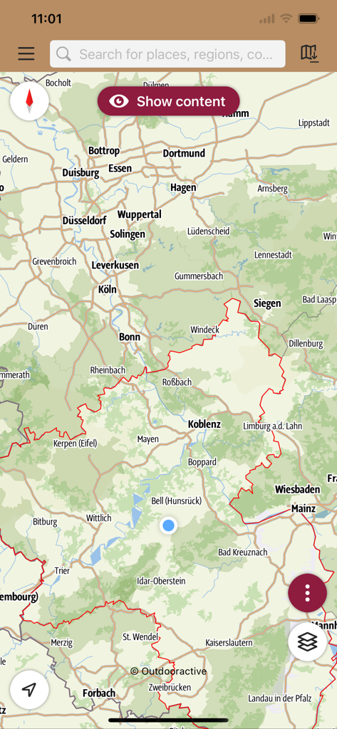 Mapa interactivo de la región de Renania-Palatinado con rutas de senderismo y ciclismo en la aplicación de turismo
