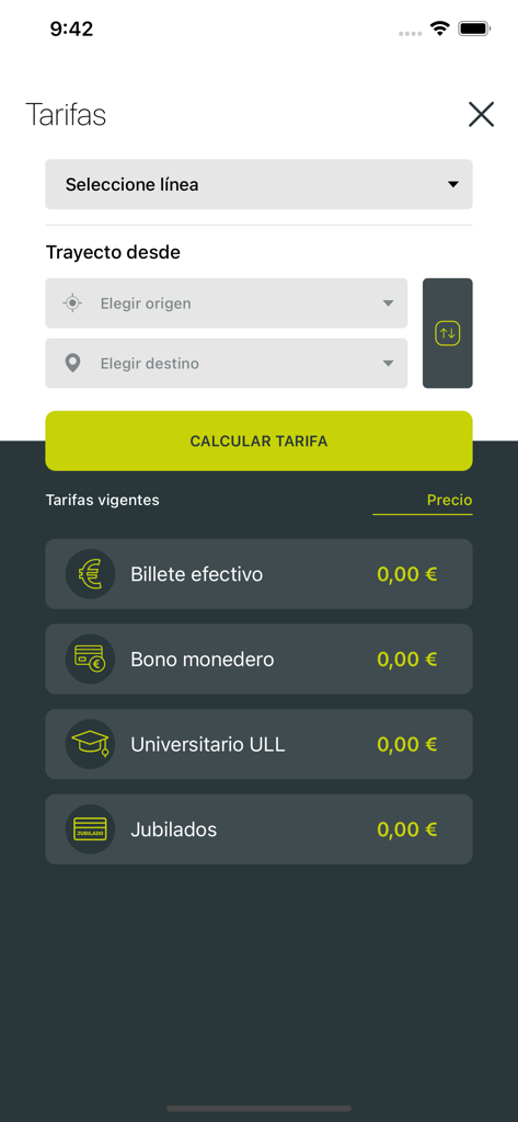 Titsa - Titsa app interface for calculating bus fares in Tenerife with different ticket options