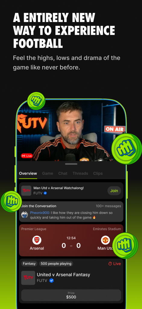 Interfaz de la aplicación BigUp mostrando una transmisión en vivo de fútbol con chat comunitario y recompensas de fantasía