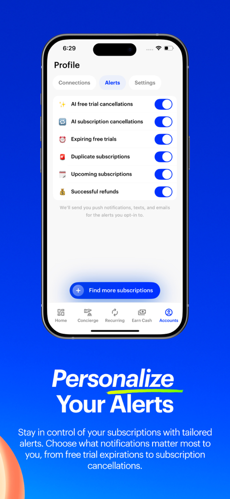 Interface showing personalized alert settings for subscription cancellations and free trials in the Chargeback app