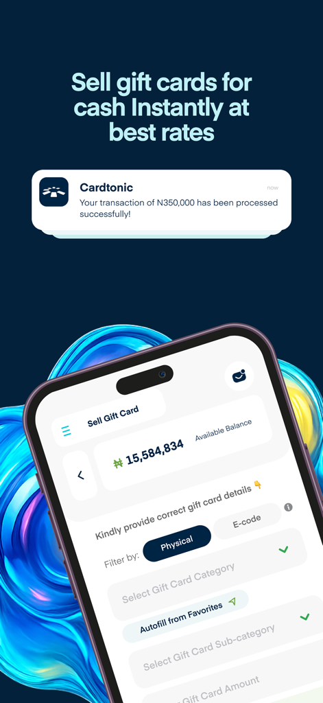 Cardtonic app screen for selling gift cards instantly for cash