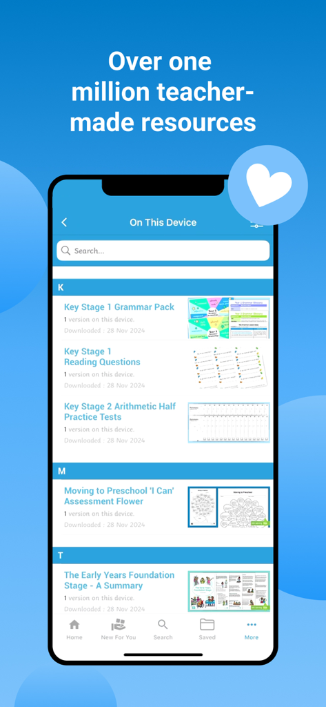 Écran de l'application Twinkl USA affichant une liste de ressources éducatives créées par des enseignants téléchargées pour une utilisation hors ligne.