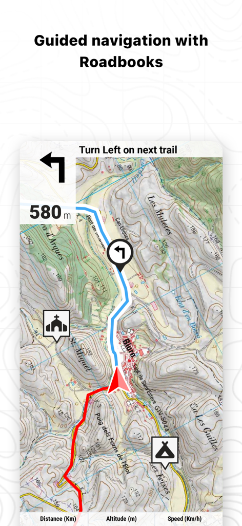 TwoNav 6: Routes and Maps - TwoNav 6 app interface showing guided navigation with roadbook on a topographic map