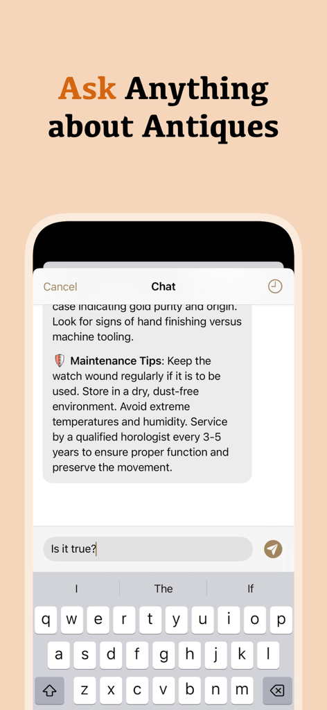 A smartphone screen showing an AI chat interface within the Antique Identifier app providing expert maintenance tips for antique watches.