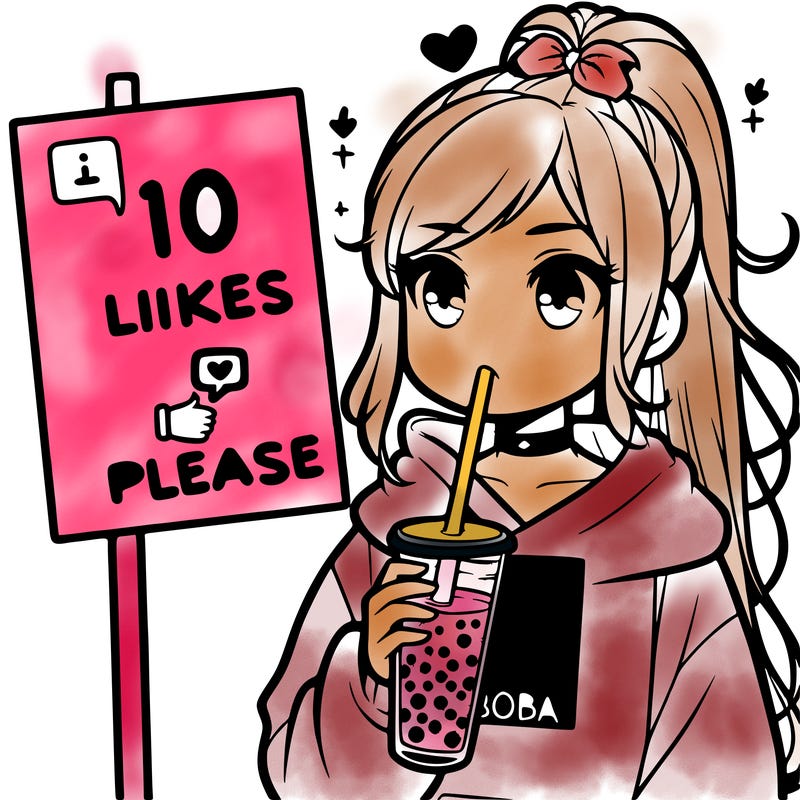 girl with a high ponytail and a hoodie drinking boba staring at a sign saying 10 likes please