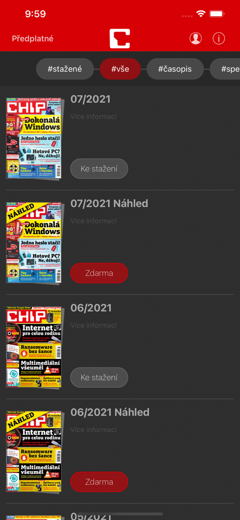 Screenshot of the Chip CZ mobile app showing a list of digital tech magazine issues available for download
