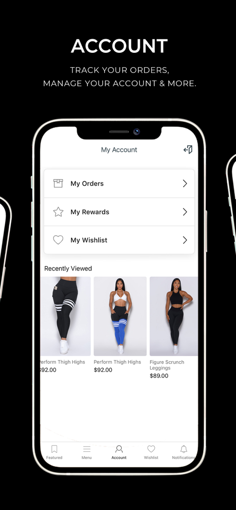 Bombshell Sportswear. - Bombshell Sportswear app account interface featuring order tracking, rewards, wishlist, and recently viewed fitness apparel.