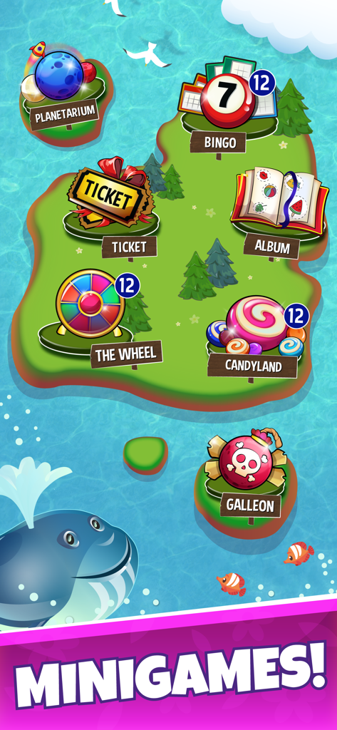 A vibrant tropical island map showing various mini games in the Burraco card game app