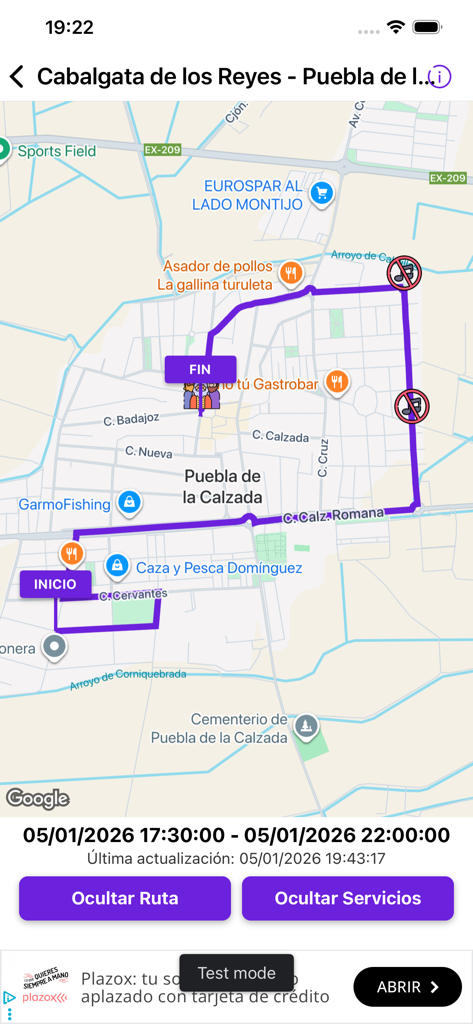 LiveMap - LiveMap app interface showing a real-time parade route on a city map with start and finish markers