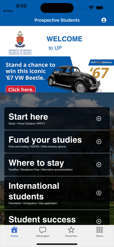 UP Mobile App - Schermata principale dell'app mobile UP per futuri studenti che mostra le opzioni del menu per finanziamenti e vita nel campus.