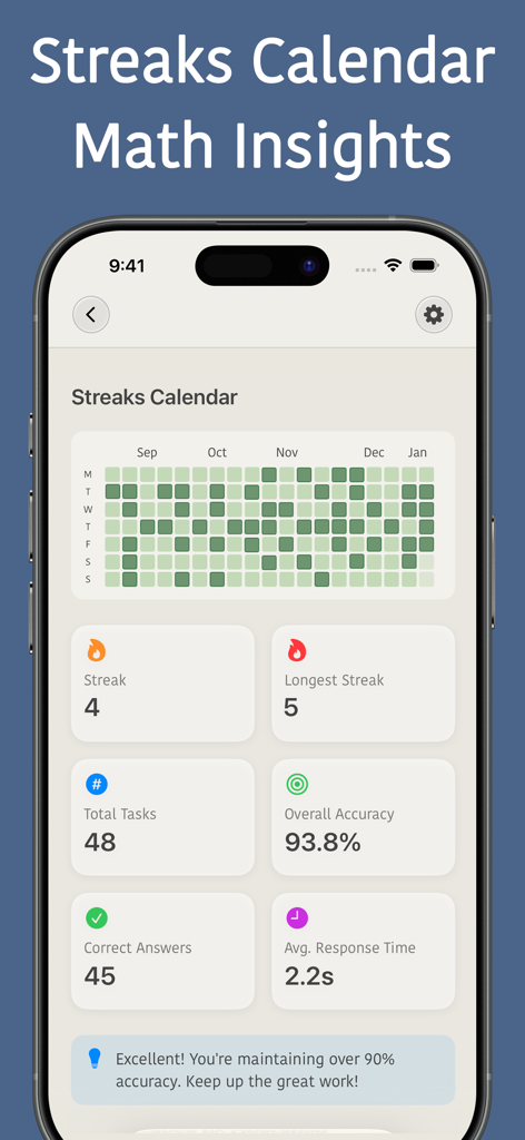 Mental Math Trainer Games - Mental Math Trainer app dashboard showing user streaks calendar and performance statistics like accuracy and response time.