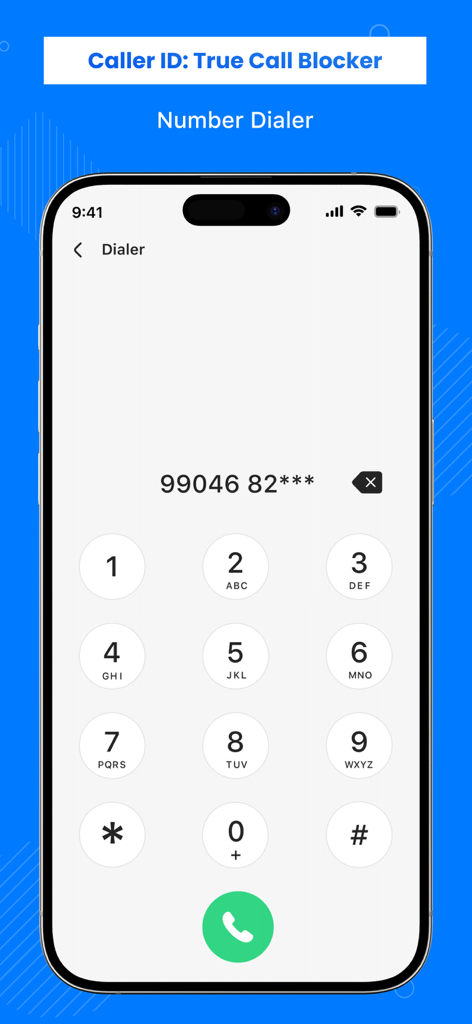 Pantalla de smartphone que muestra una interfaz de marcador telefónico profesional con un teclado numérico.