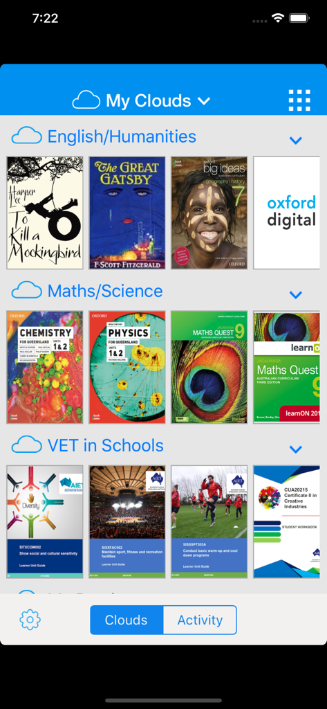 ReadCloud - ReadCloud app interface showing a digital library of textbooks and novels organized by school subjects