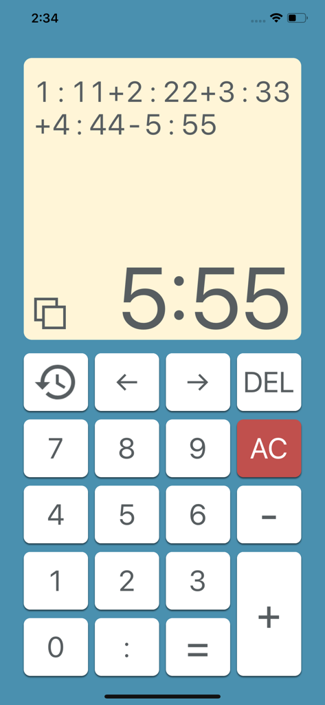 Time Calculation - Interfaccia della calcolatrice dell'app Calcolo Tempo che mostra formule per ore e minuti
