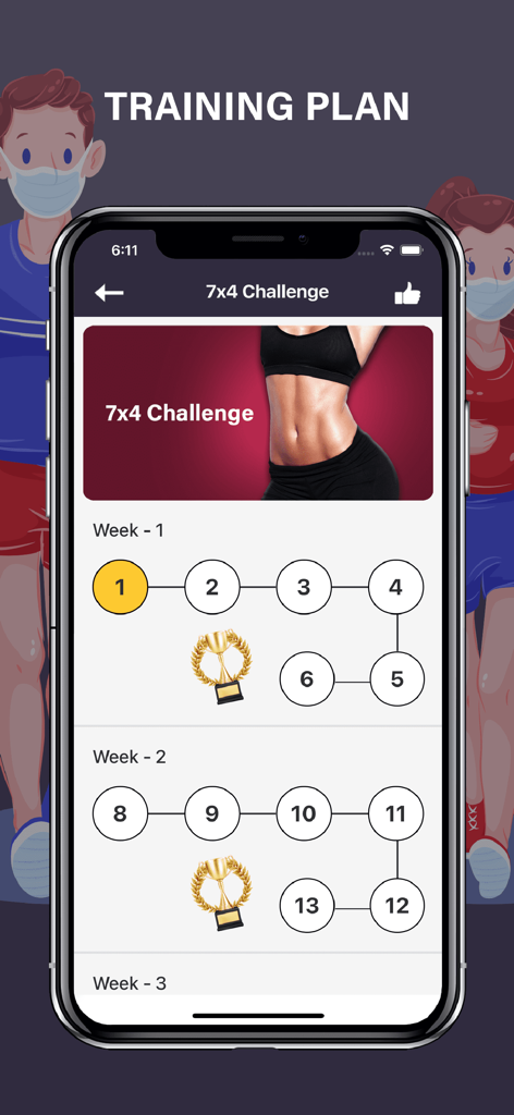 Abs Workout Fit Body Exercises - Una pantalla de smartphone que muestra el plan de entrenamiento del Desafío 7x4 para la aplicación de fitness Abs Workout.
