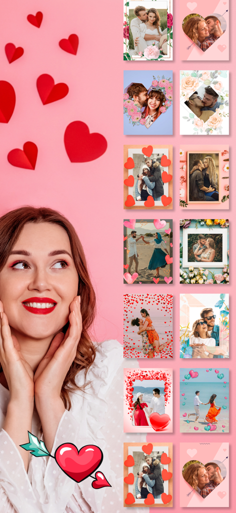 Love photo frames to edit - A woman looking at a grid of romantic photo frame designs featuring couples and decorative hearts