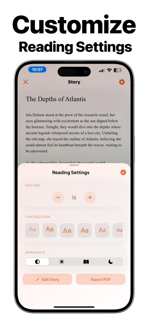 Novel AI - Story Generator - Interfaz móvil que muestra la personalización de fuentes y apariencia para una historia de IA.