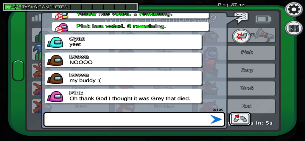 In-game chat screen of Among Us showing players discussing who the impostor is during an emergency meeting