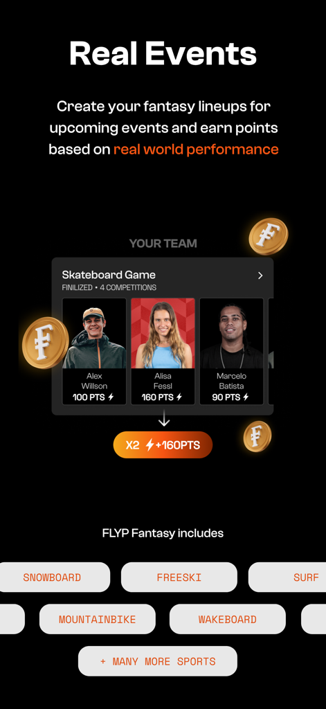 FLYP Fantasyインターフェース。実際のイベント向けのスケートボードチームのラインナップと、サーフやスノーボードなどの様々なアクションスポーツカテゴリが表示されている
