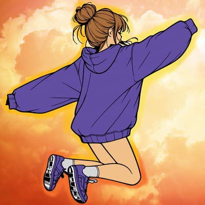 realistic girl jumping with a bun and oversized sweatshirt