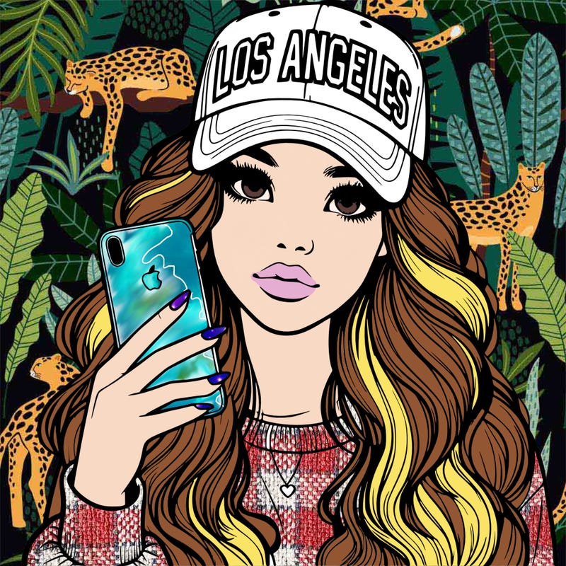 realistic beautiful girl wearing los ángeles cap holding an iphone