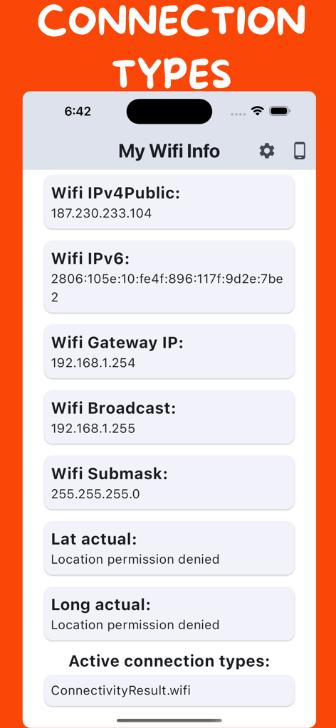WLAN- und Geräteanalysator-App-Oberfläche mit detaillierten Netzwerkkonnektivitätsinformationen einschliesslich IP-Adressen und Subnetzmaske