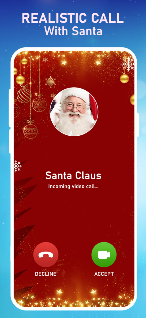 Prank Call - Santa Coming - A smartphone screen showing an incoming video call from Santa Claus with decline and accept buttons on a festive red background