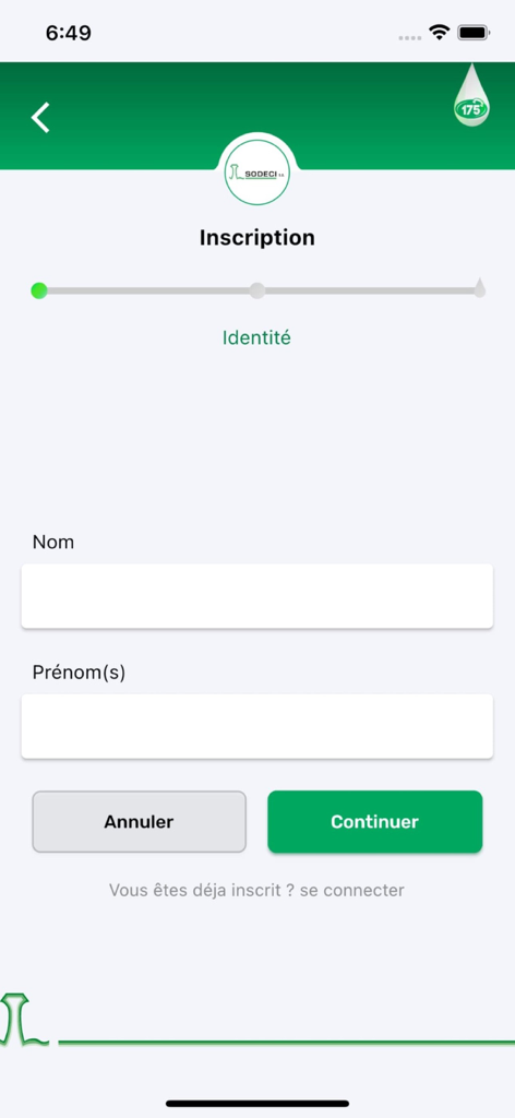 Ma SODECI en ligne - Registration screen of the Ma SODECI en ligne app showing identity input fields for name and first name