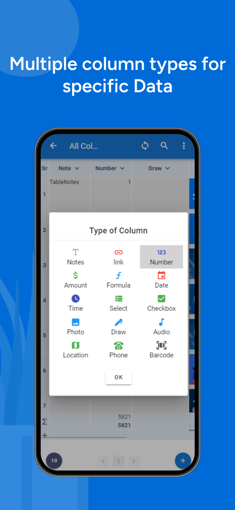 Table Notes app interface showing multiple column data types including notes formulas and barcodes