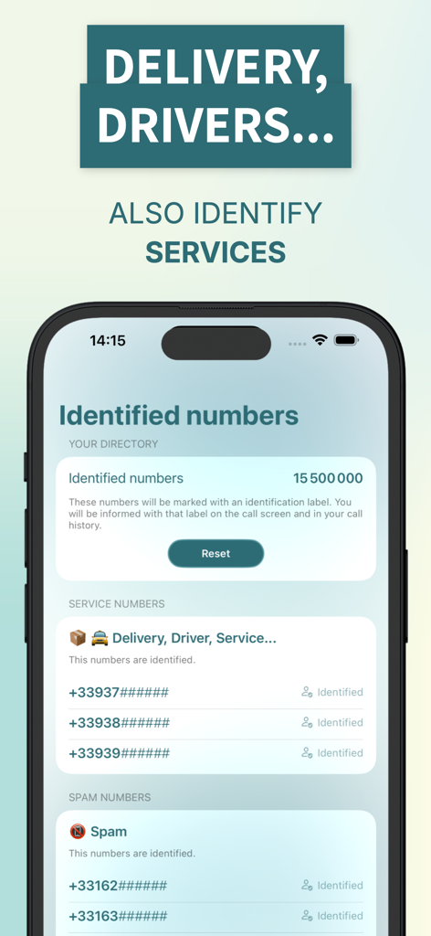 Interfaz de la aplicación AntiSpam que muestra números de teléfono de repartidores identificados y de spam