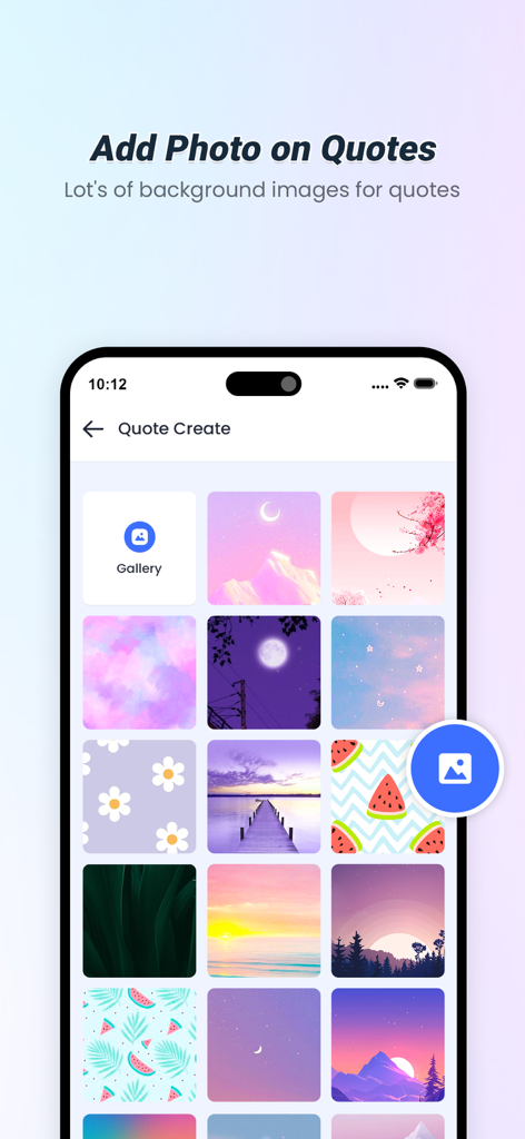 Quotes with name and photo - Interfaccia dell'app mobile che mostra una galleria di immagini di sfondo estetiche per creare citazioni personalizzate