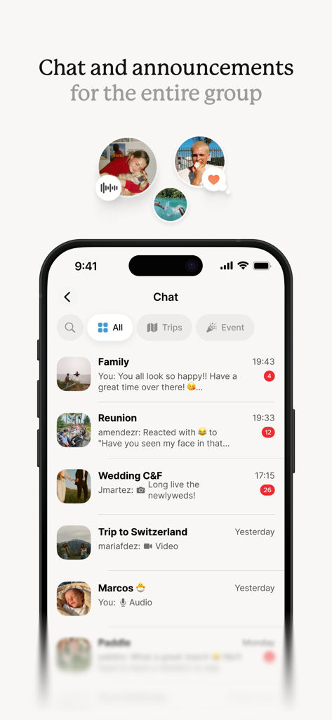Dots. Memories: Photo & Video - Interface of the Dots Memories app group chat showing message threads for shared family and event albums.