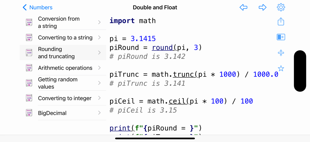 Python & SQL - Interface of the Python and SQL app showing a code recipe for rounding and truncating numbers.