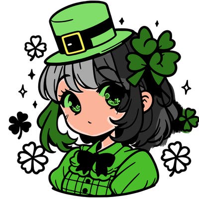 a manga-style girl with clovers around her, a little hat in her hair, like it's saint patrick's day