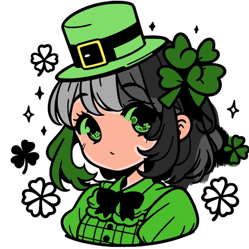 a manga-style girl with clovers around her, a little hat in her hair, like it's saint patrick's day