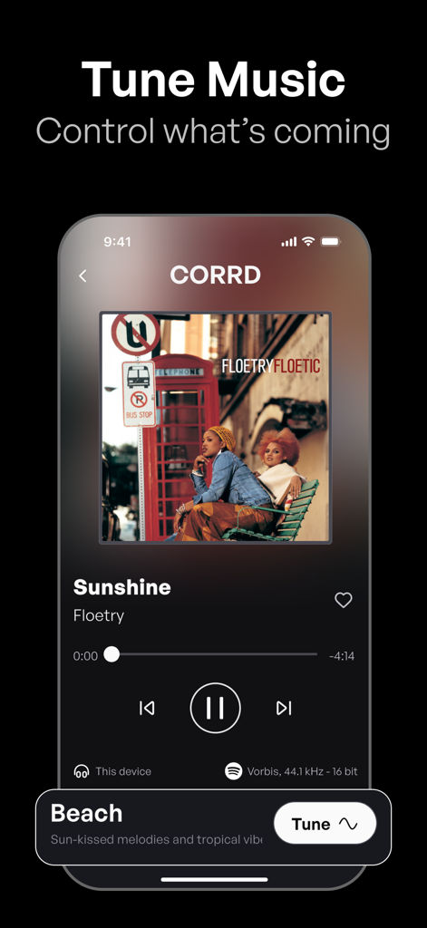 Music player interface of CORRD app showing a song and mood tuning options.