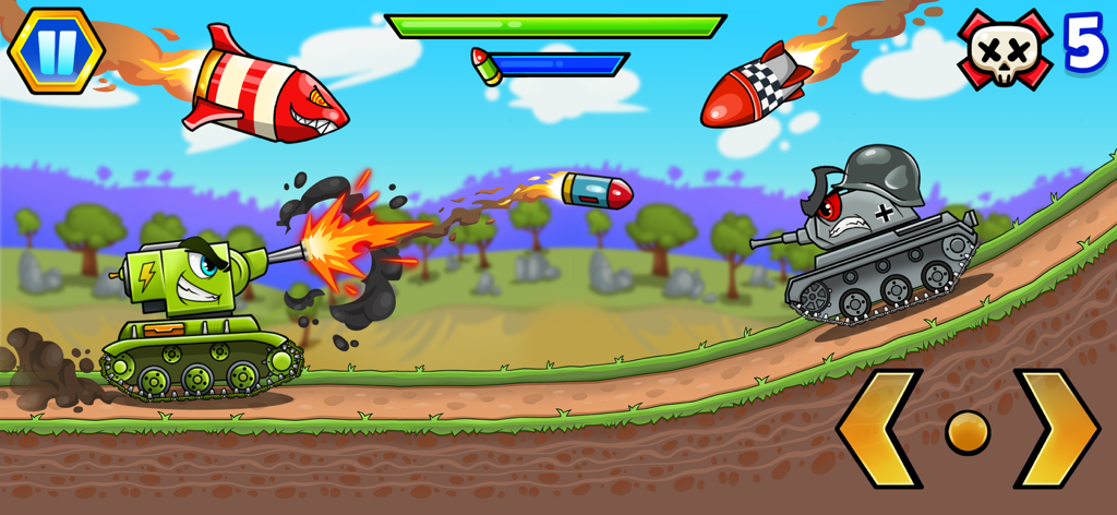 Una vibrante batalla de tanques de dibujos animados en 2D con vehículos militares estilizados en una escena de juego de acción.